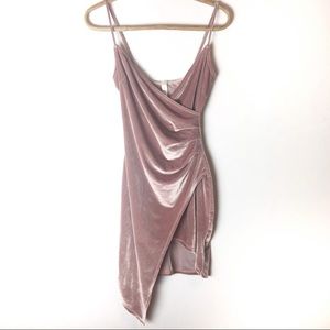 Blue Blush pink velvet bodycon faux wrap dress